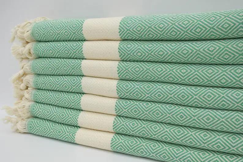 Green Venice Turkish Towel 100 Percent Cotton 40 Inches by 70 Inches Versatile Lightweight Quick Drying Eco Friendly - Love Salve